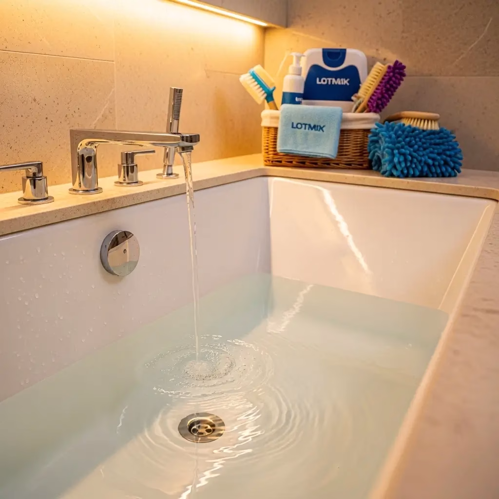 A sparkling clean white bathtub with clear water flowing freely down the drain after a professional Bathtub Drain Cleaning.