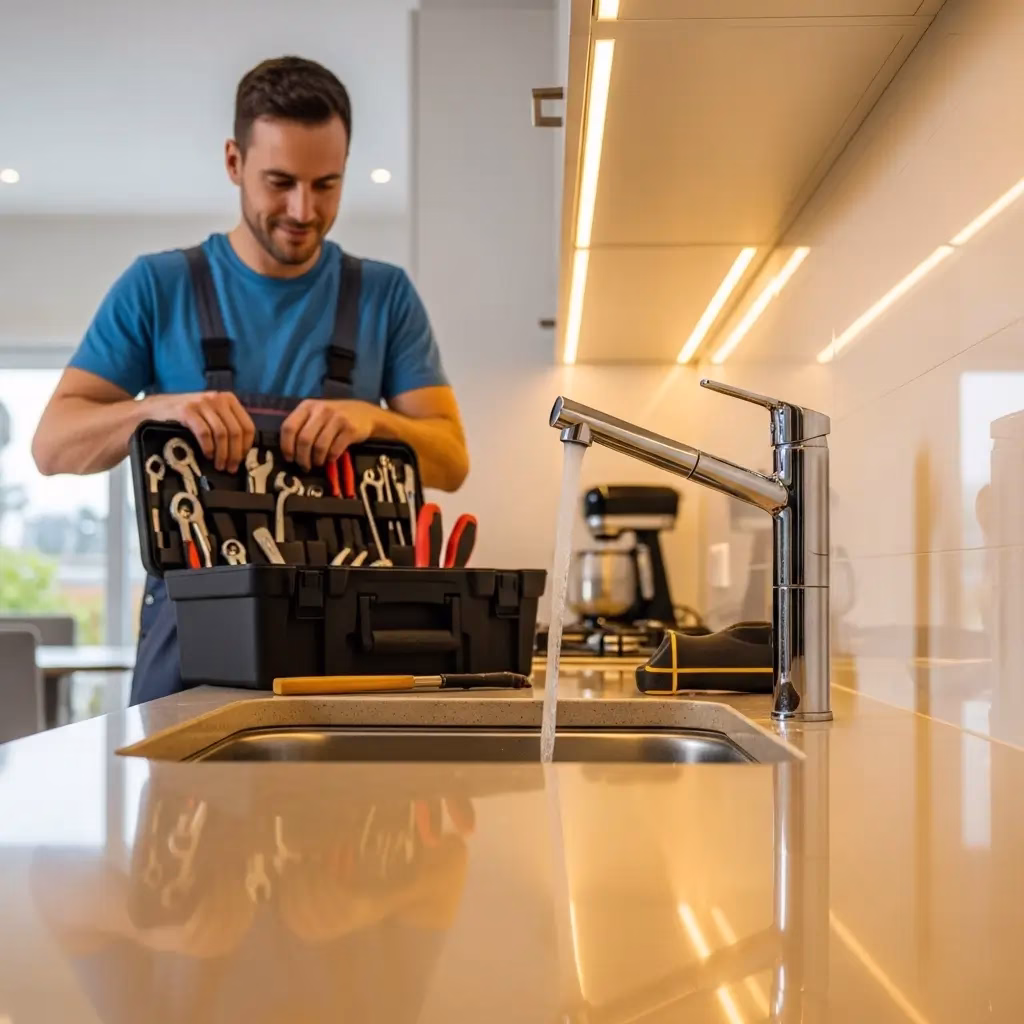 A plumber in blue overalls organizing a toolkit in a modern kitchen while testing the water flow of a sleek chrome faucet.