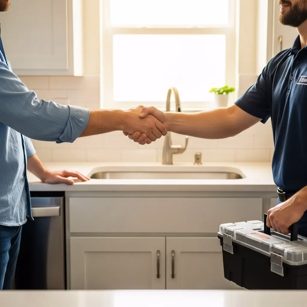 Satisfied homeowner shaking hands with a service technician holding a toolbox, highlighting the Benefits of Drain Cleaning in Clearwater Hills