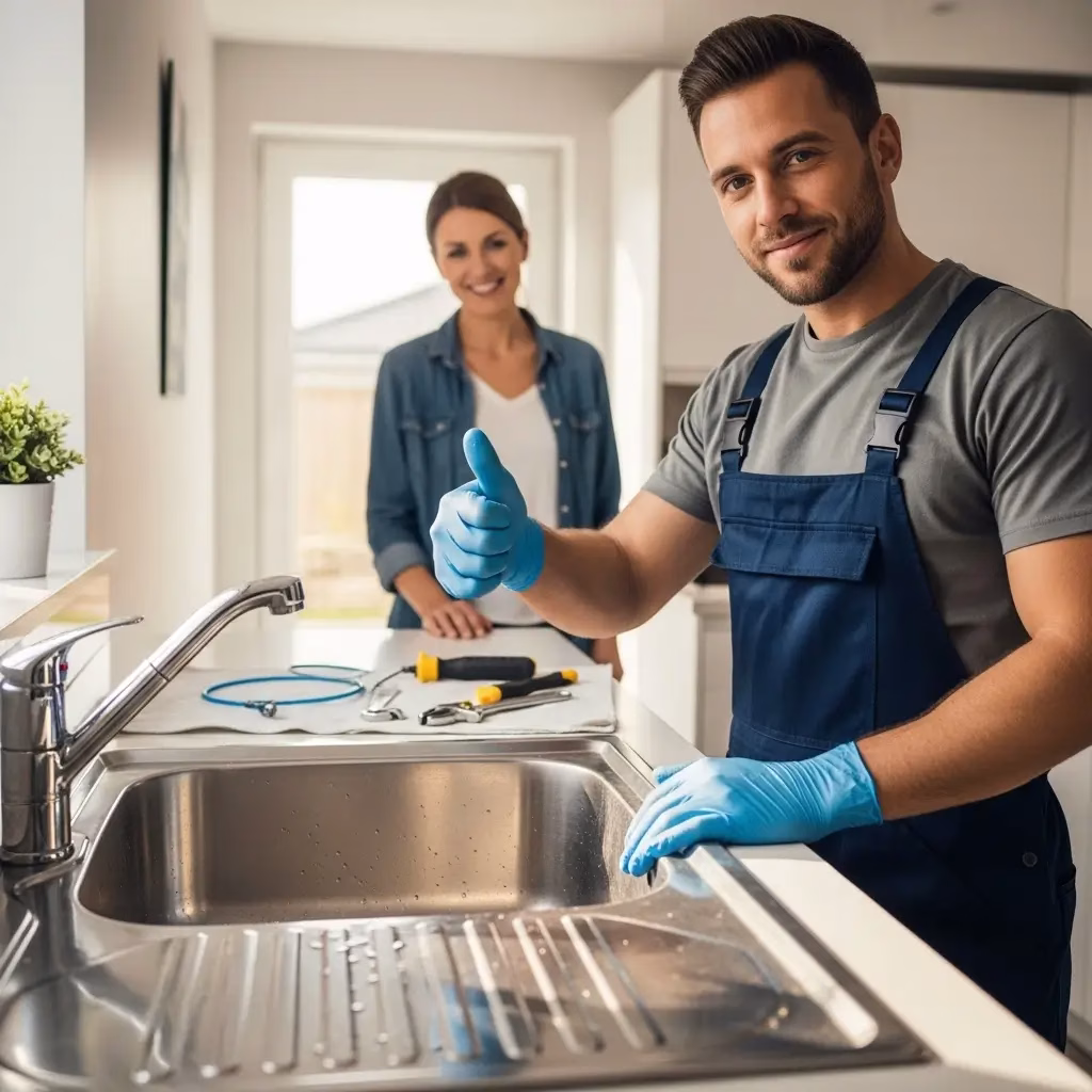 professional plumber giving a thumbs up next to a clean, stainless steel kitchen sink after completing Drain Cleaning in Mummy Mountain Park.