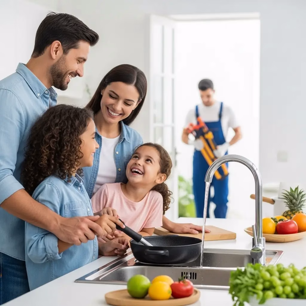 A happy family cooking together in a clean kitchen with a clear sink, while a drain cleaner walks out the door in the background after finishing the job.