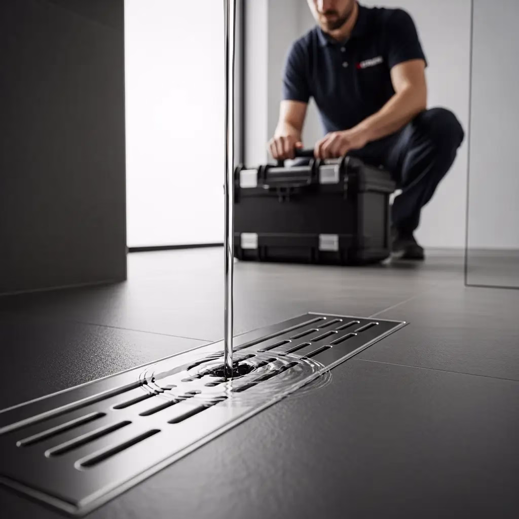 A professional plumber performing Floor Drain Cleaning in Paradise Valley on a modern rectangular floor drain to ensure efficient water drainage.