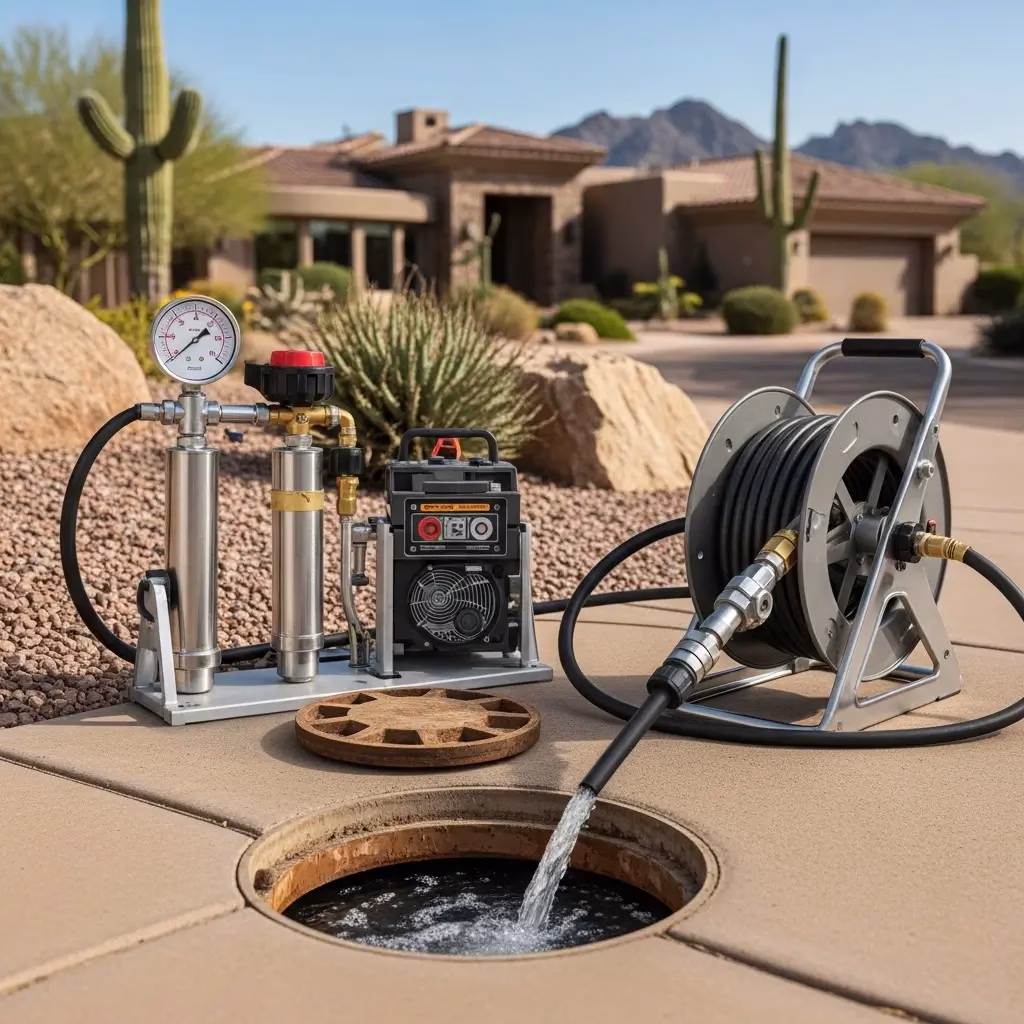 Specialized high-pressure equipment used for hydro jetting in Paradise Valley to remove tree roots and mineral buildup from underground pipes.