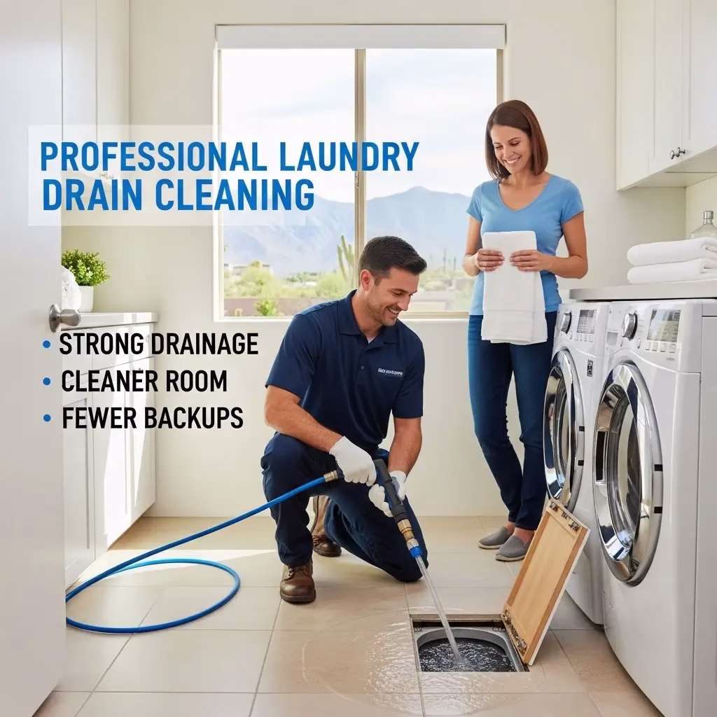 A technician uses a specialized hose to clean a floor drain while a satisfied homeowner stands nearby, highlighting benefits like stronger drainage and fewer backups.