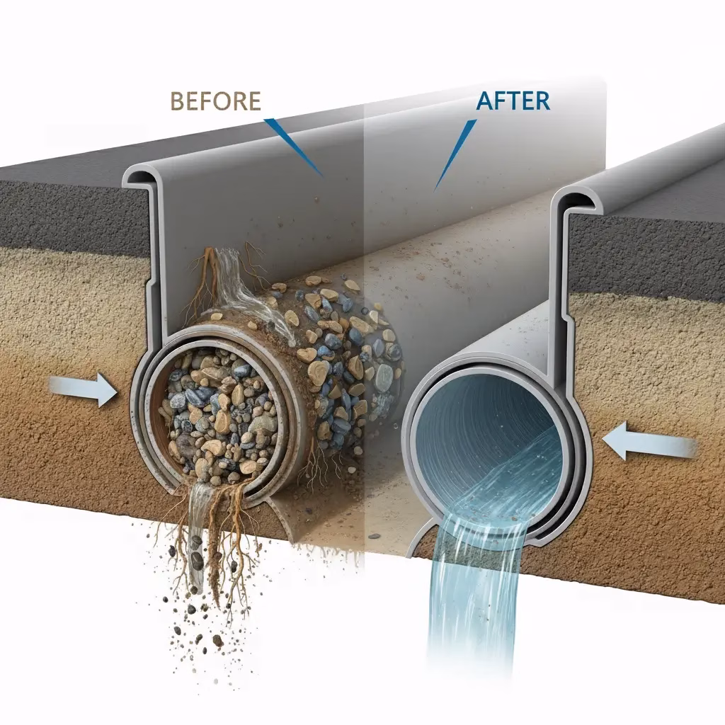 A before and after cross-section comparison showing the results of Main Sewer Line Cleaning in Paradise Valley, featuring a fully restored and flowing pipe.