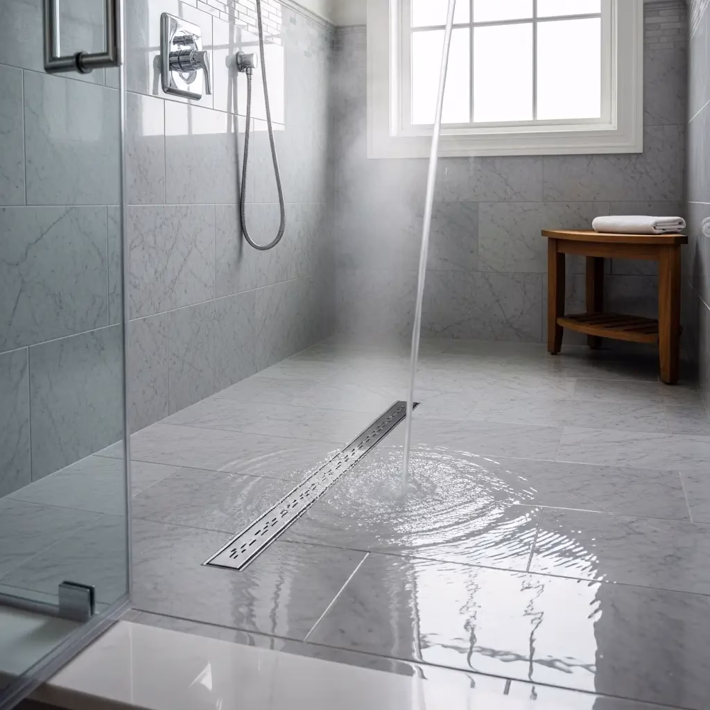 A clean, modern marble shower with water flowing perfectly and quickly down a linear drain, demonstrating the results of expert shower drain cleaning.
