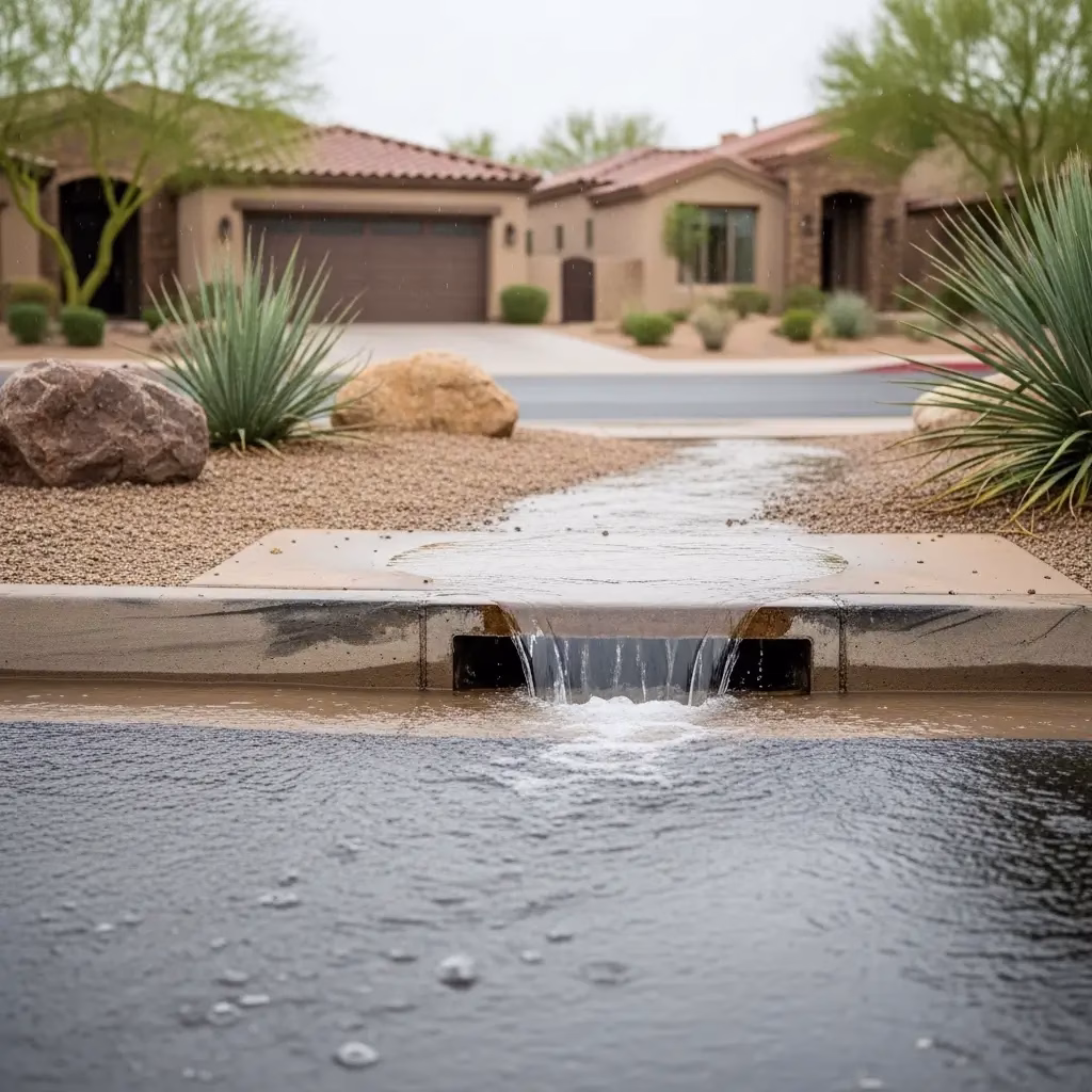 Clear rainwater flowing smoothly into a curb inlet in a desert residential neighborhood, demonstrating the benefits of Storm Drain Cleaning in Paradise Valley.