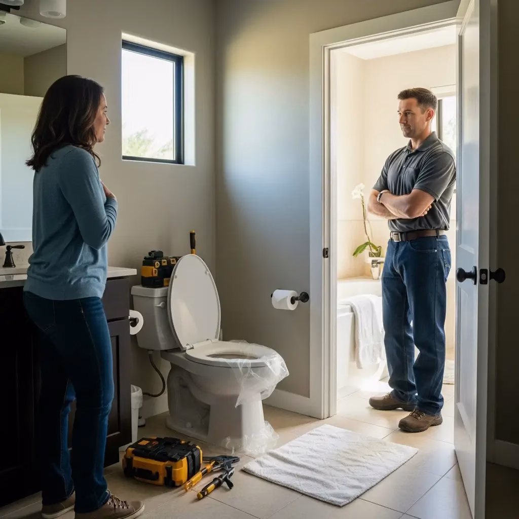 A professional plumber explaining the long-term benefits of Toilet Drain Cleaning in Paradise Valley to a homeowner in a bathroom.