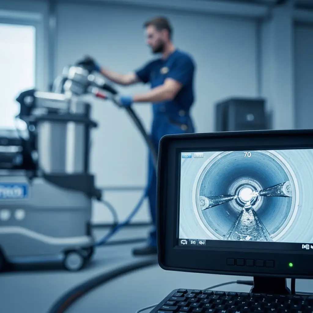 High-definition drain camera inspection monitor showing the interior of a pipe with professional cleaning equipment in the background.
