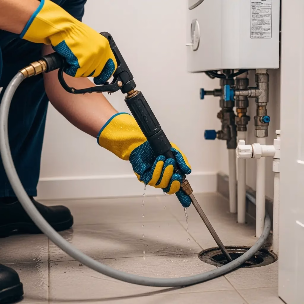 Professional technician performing Drain Cleaning in Camelback Country Estates by using specialized high-pressure tools to clear a floor drain.