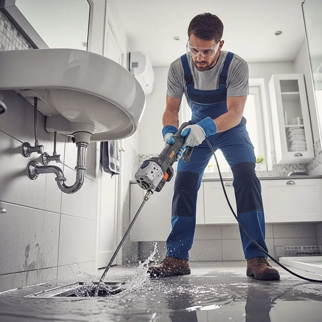 professional plumber using an industrial power auger to clear a floor drain blockage in a bathroom while wearing safety goggles.