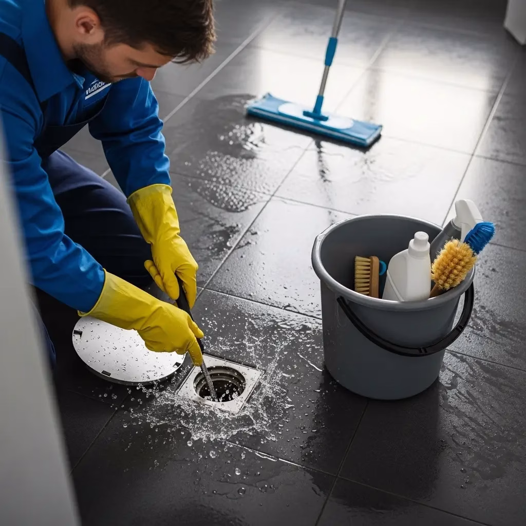 A professional plumber kneeling on a dark tiled floor using a snake tool to clear a backup from a floor drain with water splashing.