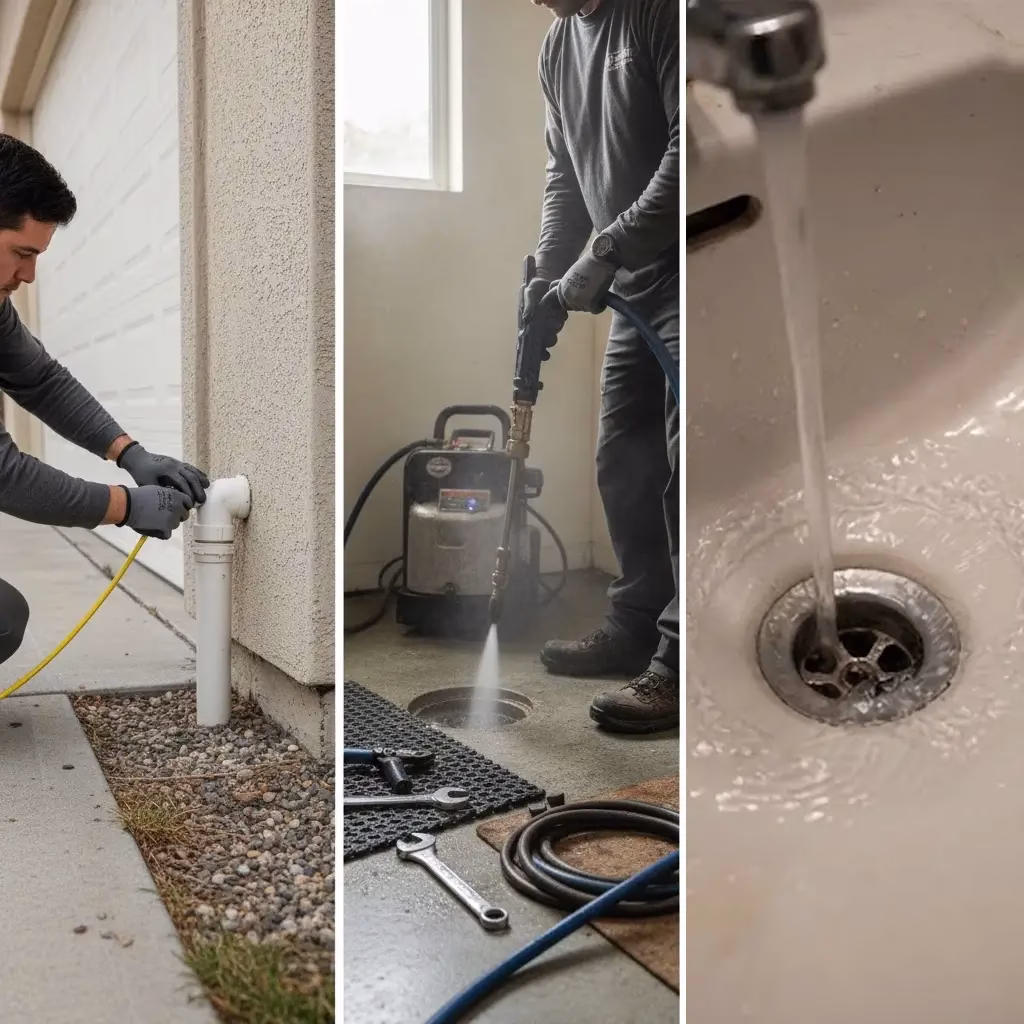 Three-panel sequence showing a sewer camera inspection, high-pressure hydro-jetting of a main line, and clear water flowing smoothly down a clean drain.