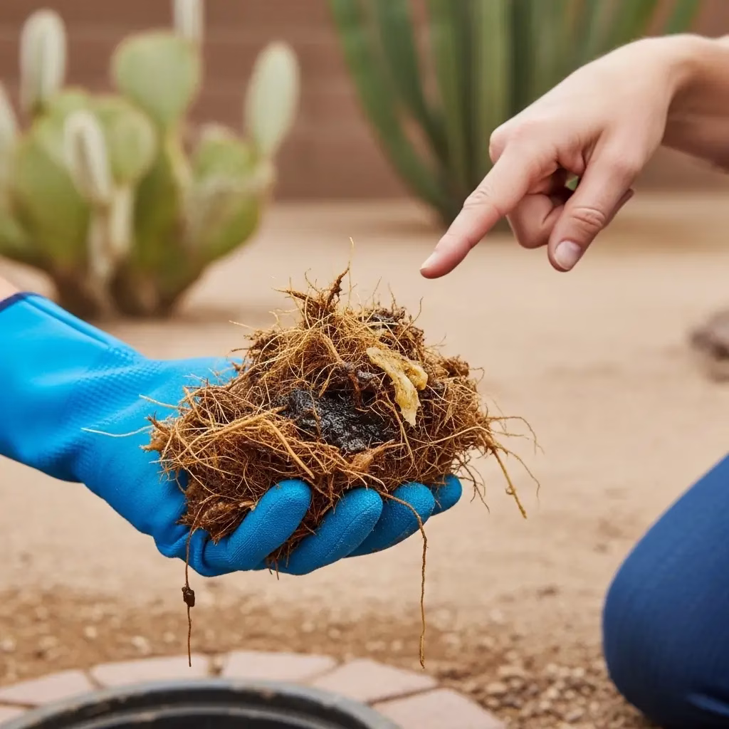 Close-up of a plumber in blue gloves holding a large mass of tree roots and grease removed from a sewer line, as a homeowner points at the blockage.