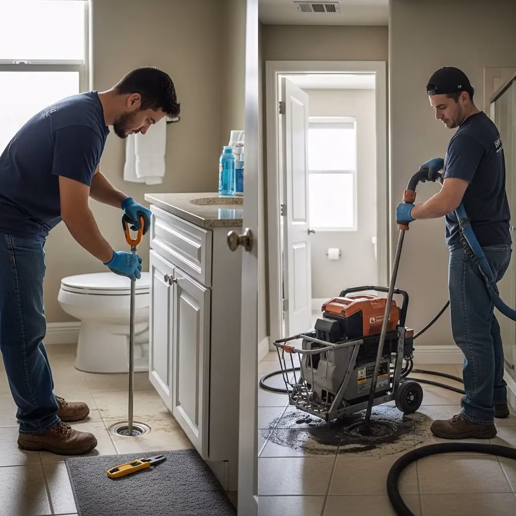 Side-by-side comparison showing a plumber using a manual hand auger versus a heavy-duty motorized drain cleaning machine.