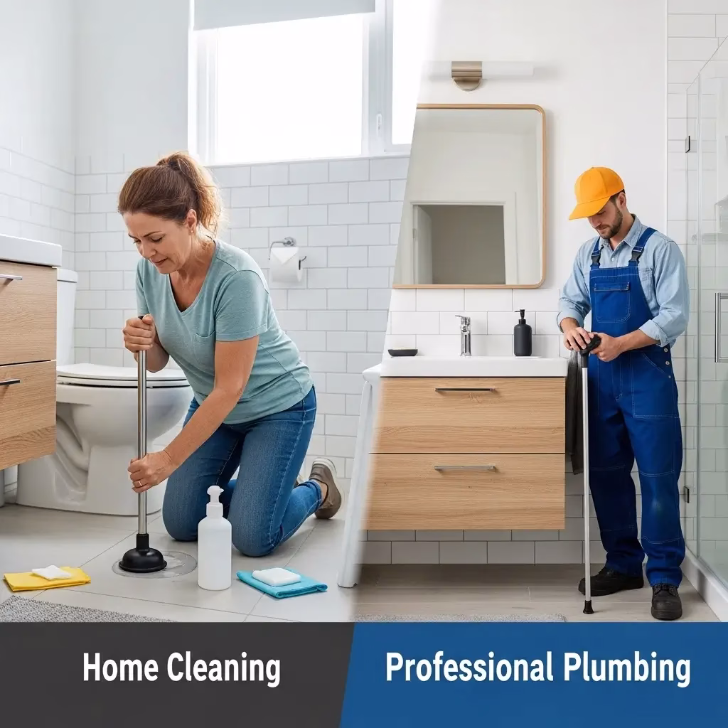 Side-by-side comparison of a homeowner using a plunger versus a professional plumber using specialized equipment to clear a toilet and sink.