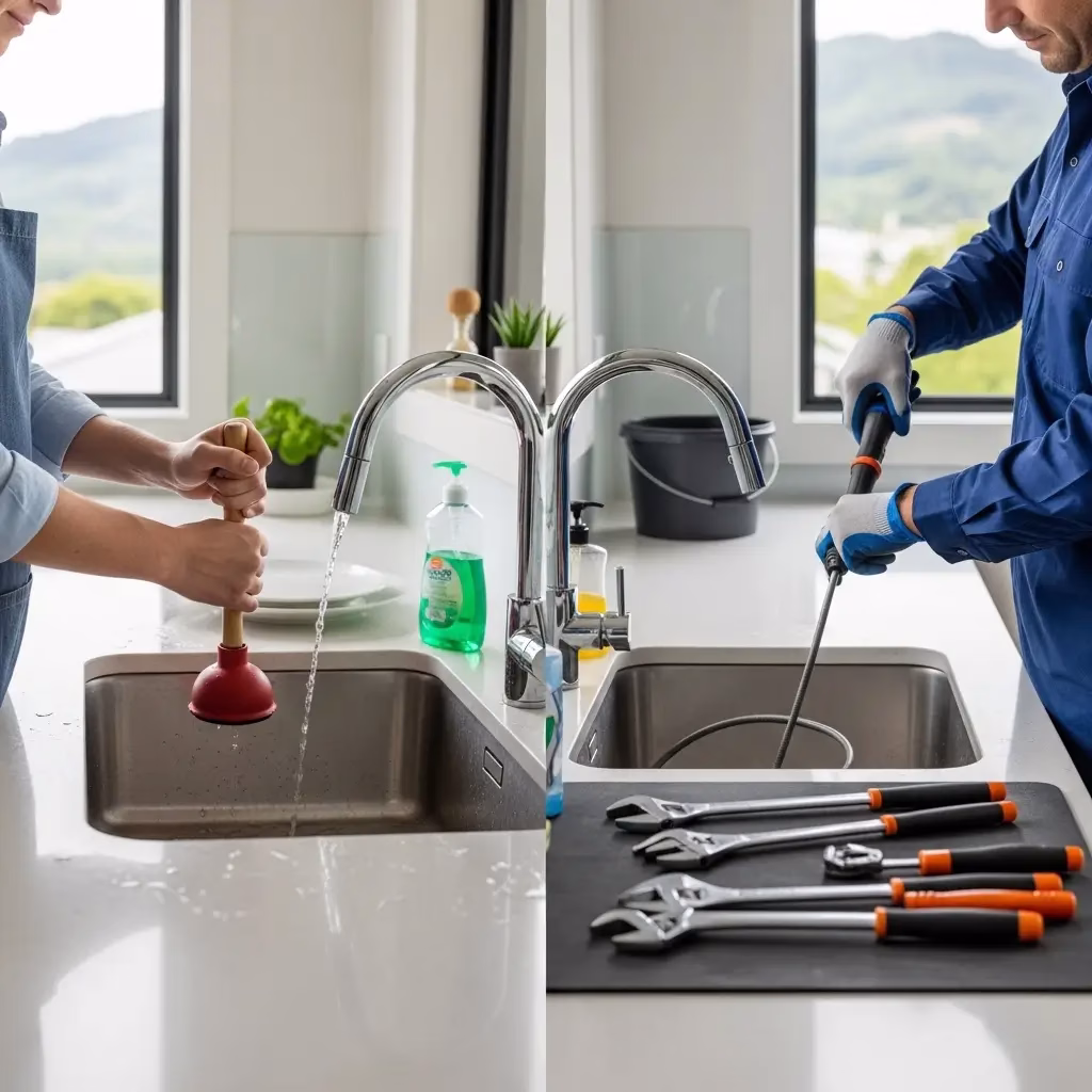Side-by-side comparison showing a person using a hand plunger versus a professional plumber using heavy-duty drain cleaning equipment.