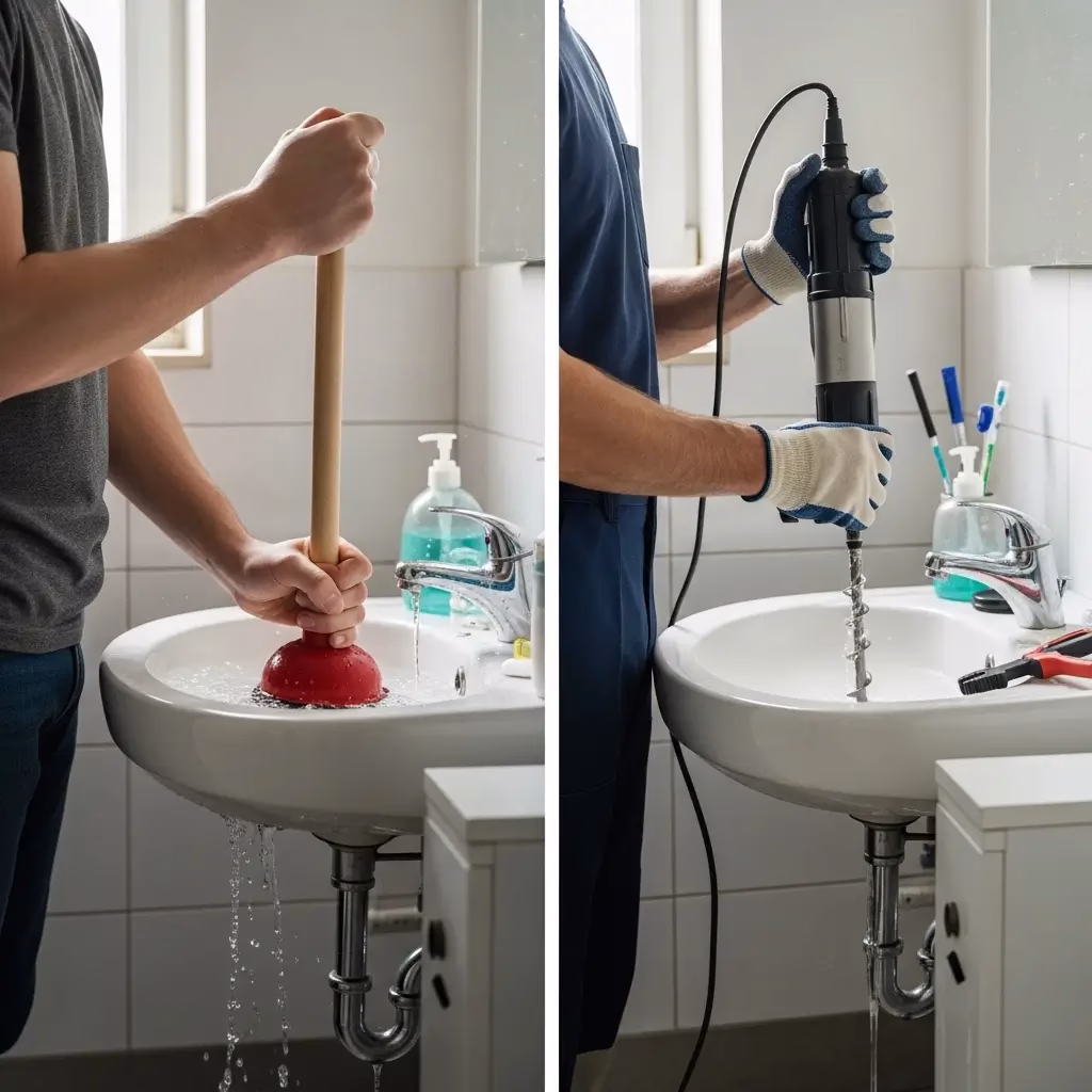 Side-by-side comparison of a homeowner using a red plunger on a clogged sink versus a professional technician using a motorized electric auger for deep drain cleaning in Tatum canyon.