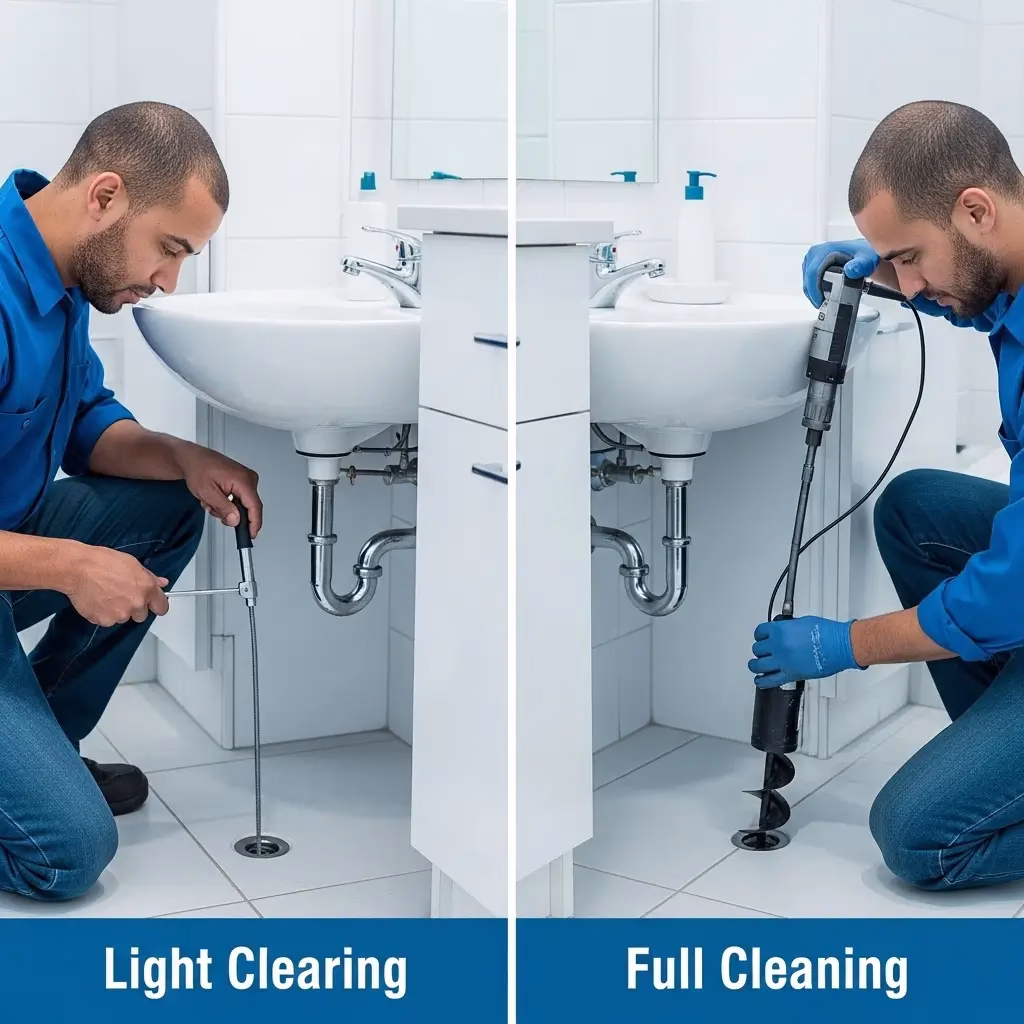 Split screen comparison showing a plumber using a manual hand snake versus a high-powered motorized auger for bathroom sink drain cleaning.