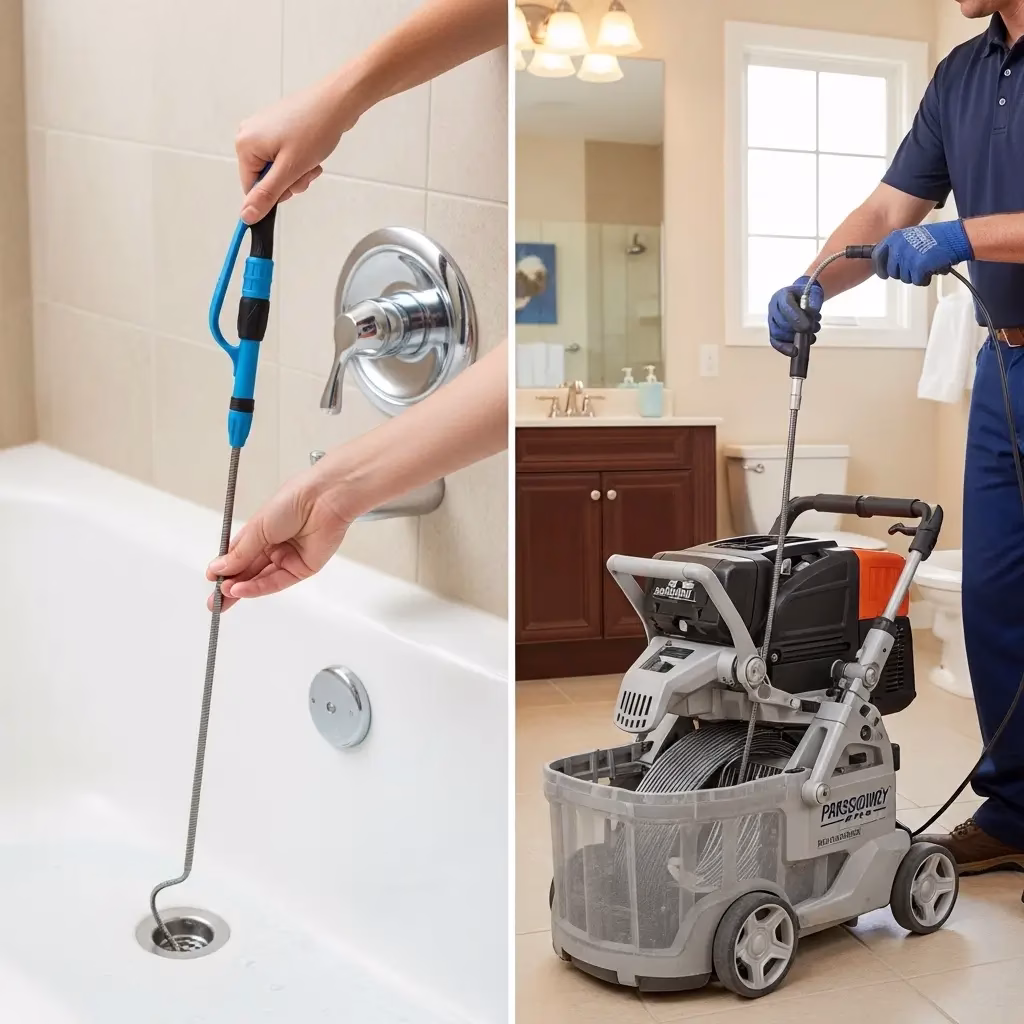 A side-by-side comparison of Bathtub drain cleaning with a manual plastic drain snake versus a heavy-duty industrial motorized drain clearing machine.