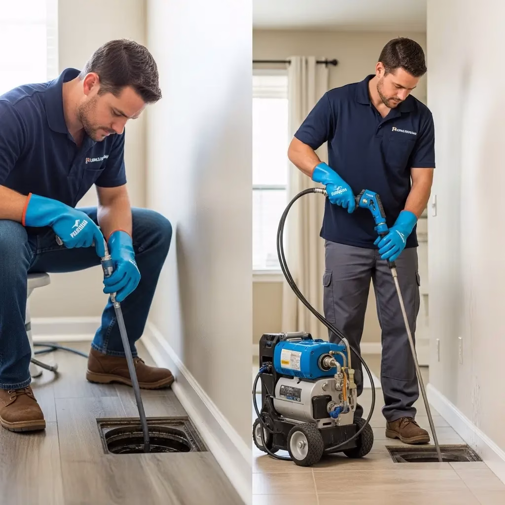 Side-by-side comparison of a basic drain snake versus high-pressure hydro-jetting equipment used for thorough Floor Drain Cleaning in Paradise Valley.