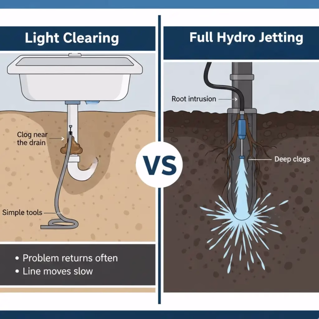 A comparison infographic showing how light drain clearing only removes small clogs while full hydro jetting eliminates deep roots and heavy buildup.