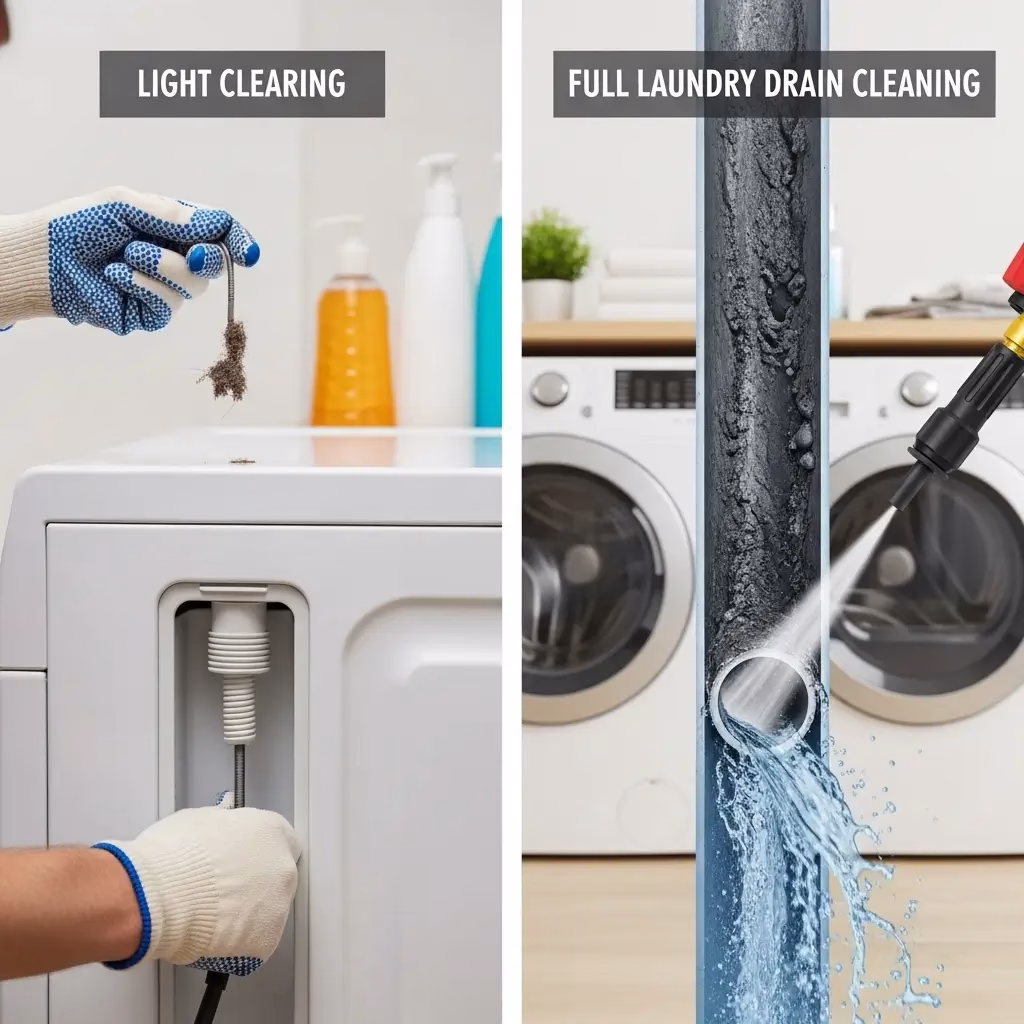 A split-screen comparison showing a minor manual lint removal versus a comprehensive Laundry Drain Cleaning in Paradise Valley using high-pressure hydro jetting.