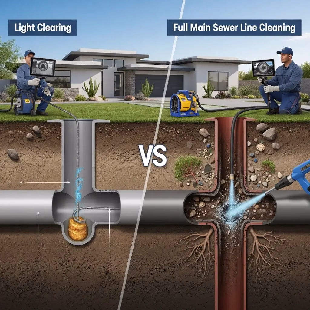 A comparison diagram illustrating the difference between light drain clearing and a comprehensive hydro-jetting service to remove roots and debris.