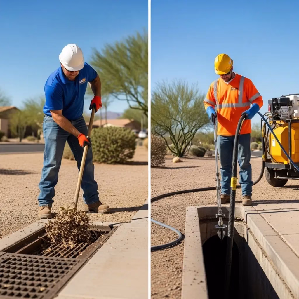A side-by-side comparison showing basic surface debris removal with a shovel versus a comprehensive Storm Drain Cleaning in Paradise Valley using high-pressure vacuum equipment.