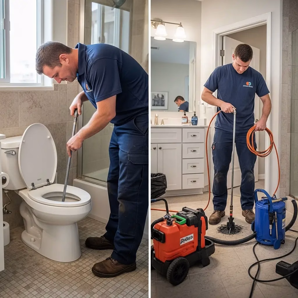 Comparison side-by-side of a plumber using a manual hand auger versus a heavy-duty motorized drain cleaning machine for deeper blockages.