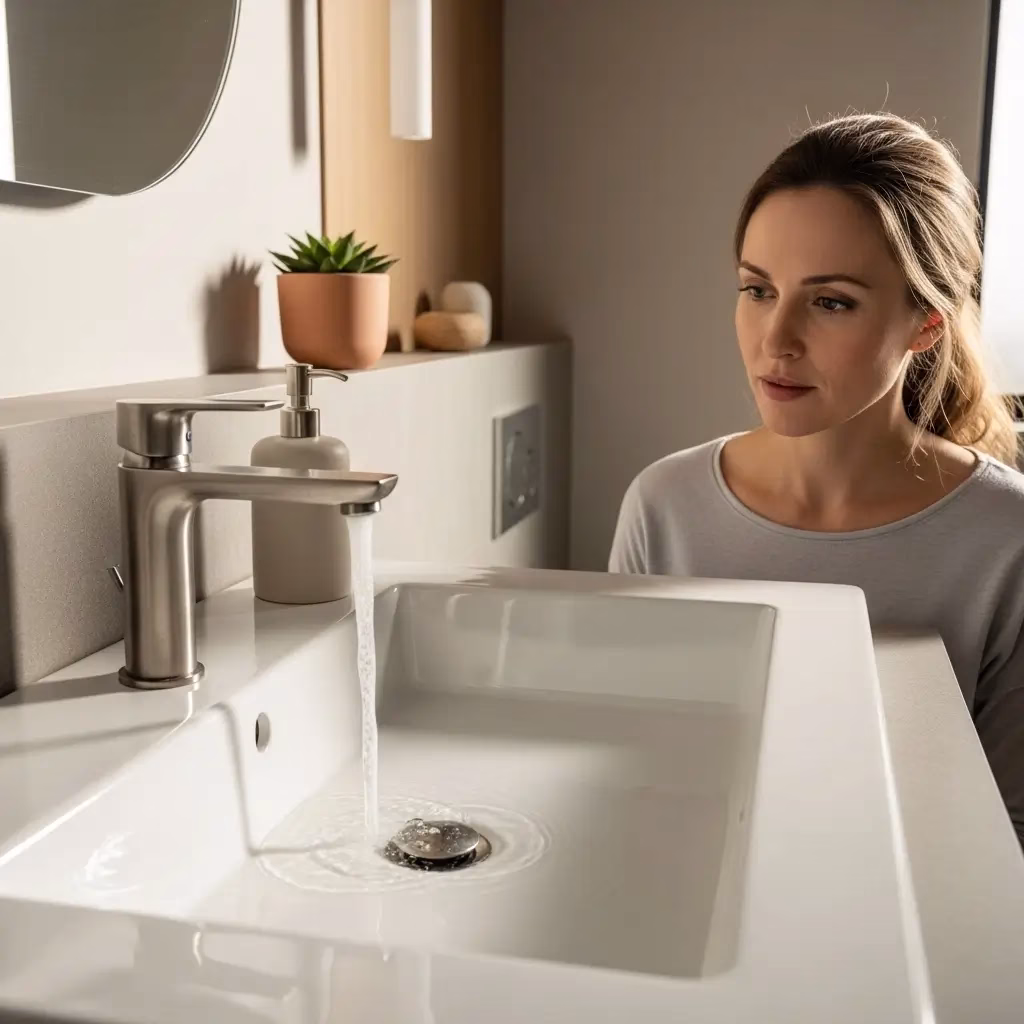 A concerned woman watching a bathroom sink fill with water, illustrating the common signs of a slow or clogged drain.