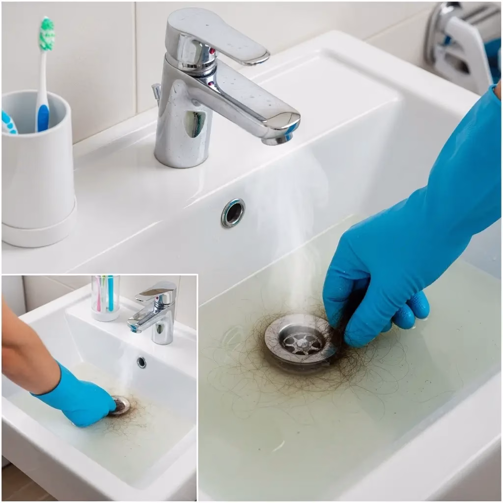 Close-up of a bathroom sink showing slow drainage and a hand in a blue glove removing a large hair clog from the drain stopper.