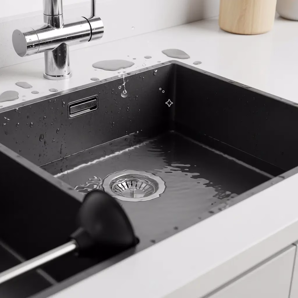 Slow-draining water pooling in a dark modern kitchen sink with a plunger resting on the counter, indicating a severe clog.