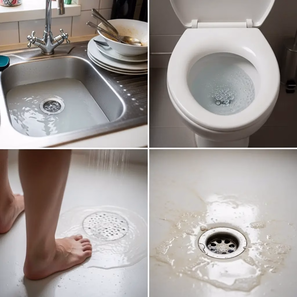 Four-panel grid showing signs of plumbing issues: standing water in a kitchen sink, a bubbling toilet, a slow shower drain, and a backed-up floor drain.