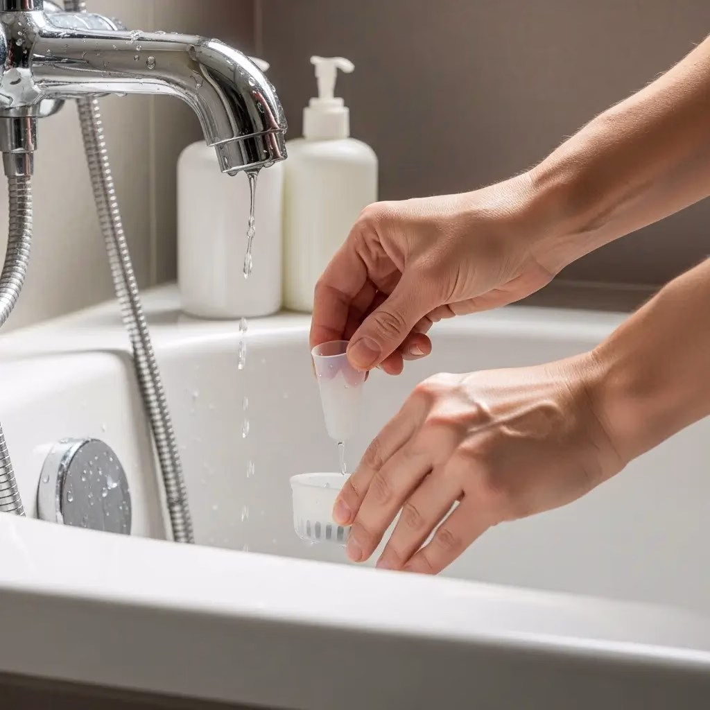 Close-up of a person pouring a natural cleaning solution into a bathtub drain strainer to prevent hair and soap scum buildup.
