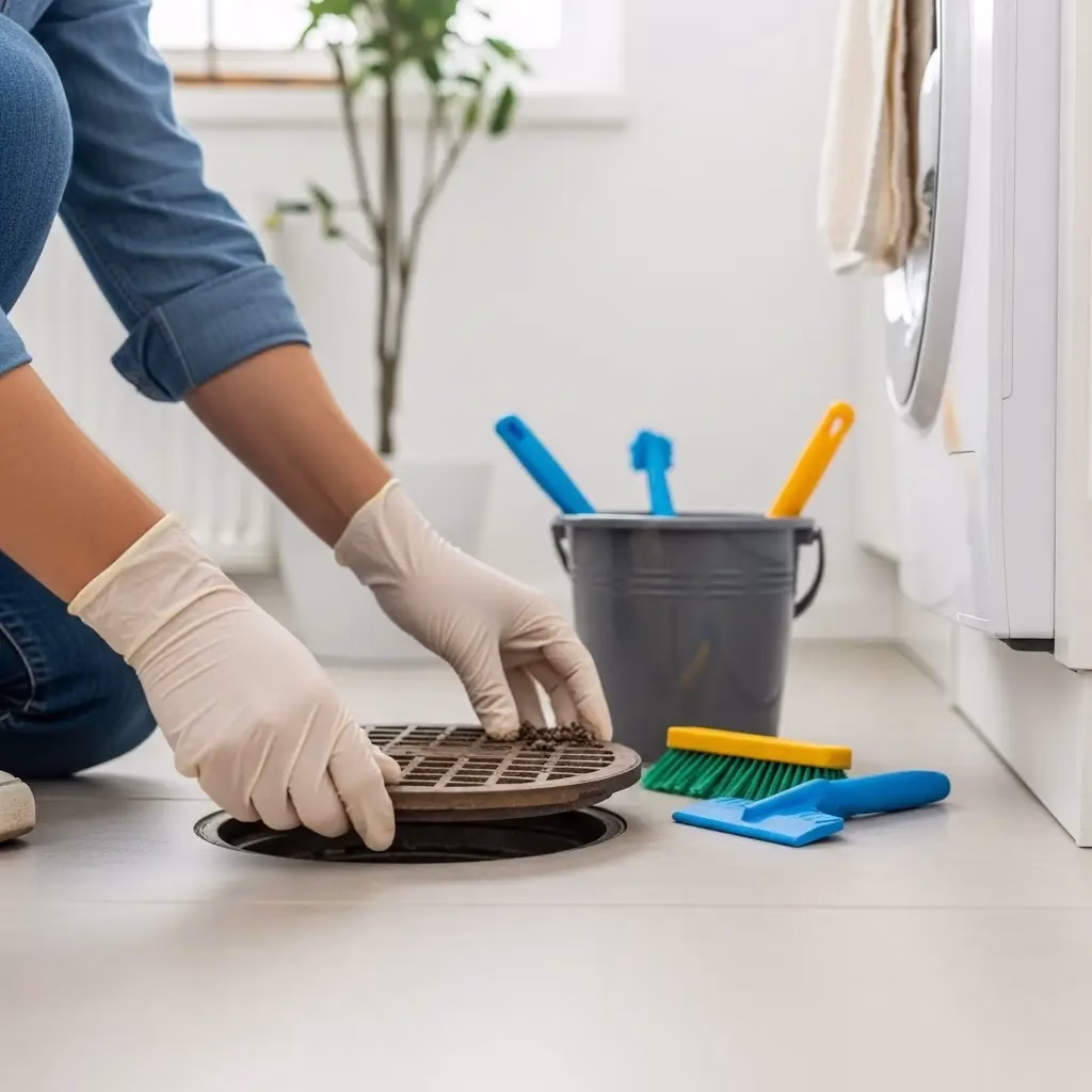 A person wearing protective gloves removing a circular floor drain cover to clean out debris and prevent laundry room clogs.