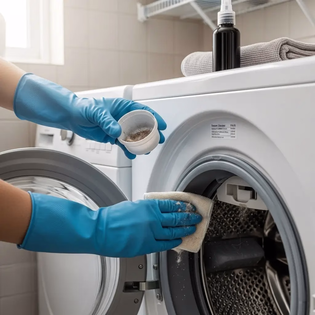 A person wearing blue rubber gloves uses a cloth to wipe away lint and debris buildup from the rubber door seal of a front-loading washing machine.
