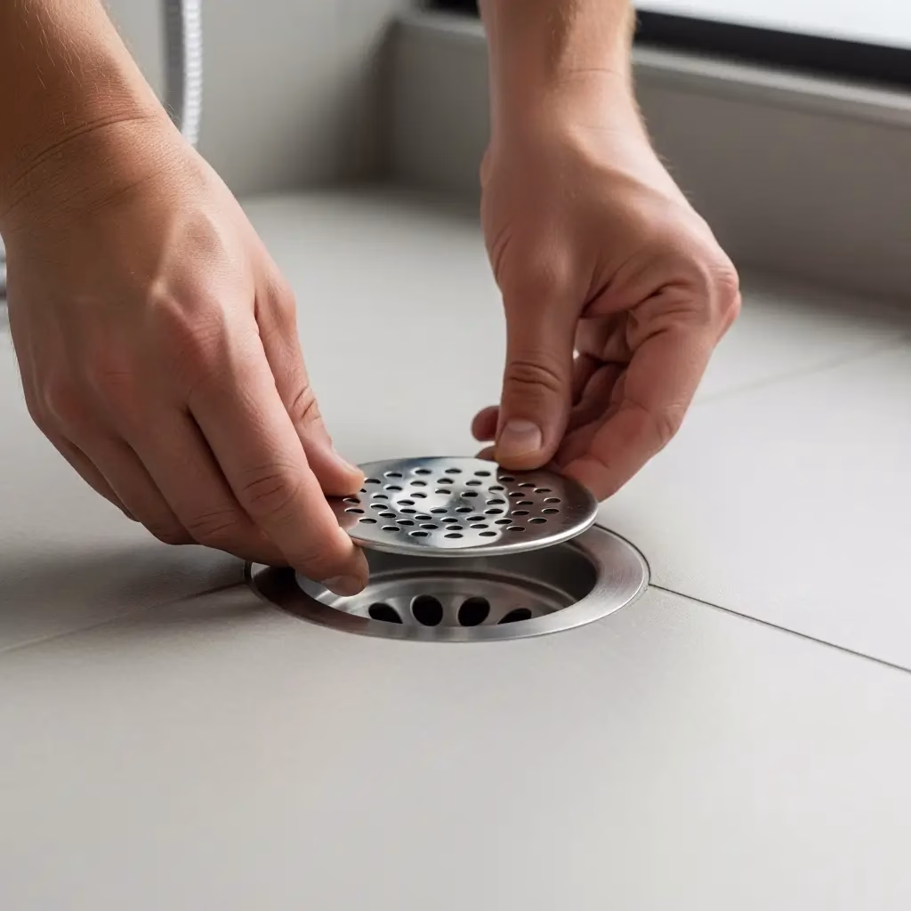 A close-up shot of a person’s hands installing a stainless steel mesh hair catcher over a modern walk-in shower drain to prevent blockages.