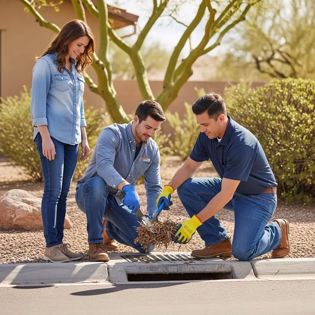 Technicians and a homeowner working together to remove dry leaves and organic debris from a street-side storm grate to prevent blockages.