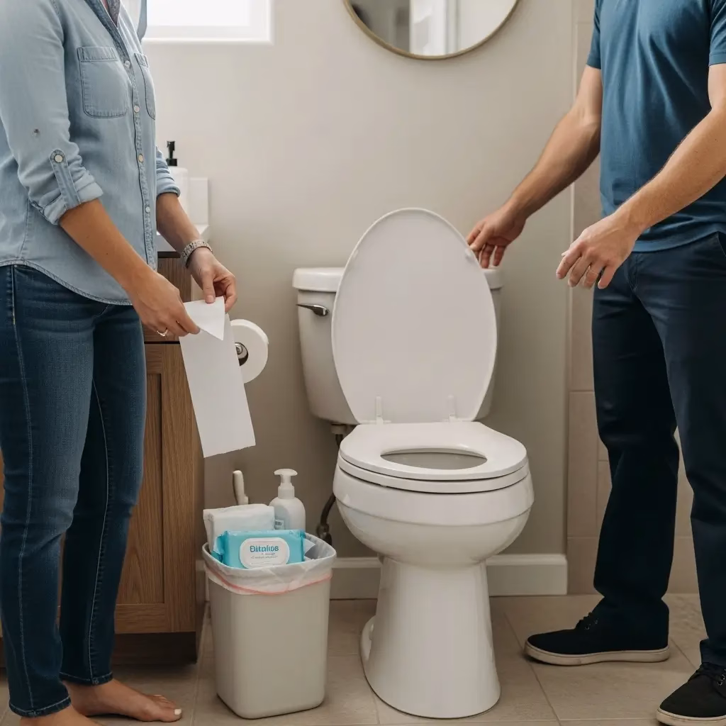 Homeowners demonstrating proper waste disposal by putting wipes in a trash can rather than flushing them to prevent plumbing clogs.