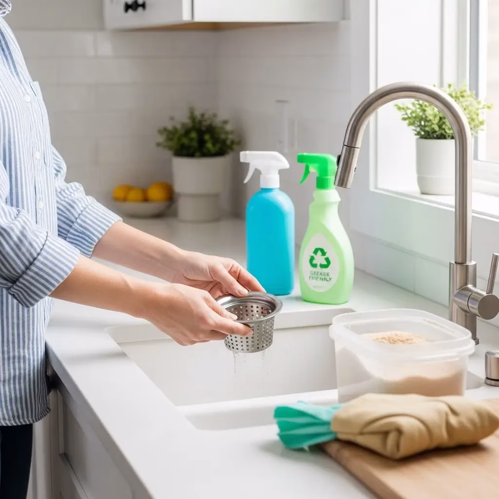 A homeowner placing a stainless steel mesh strainer into a kitchen sink to prevent future clogs after a professional pipe cleaning.