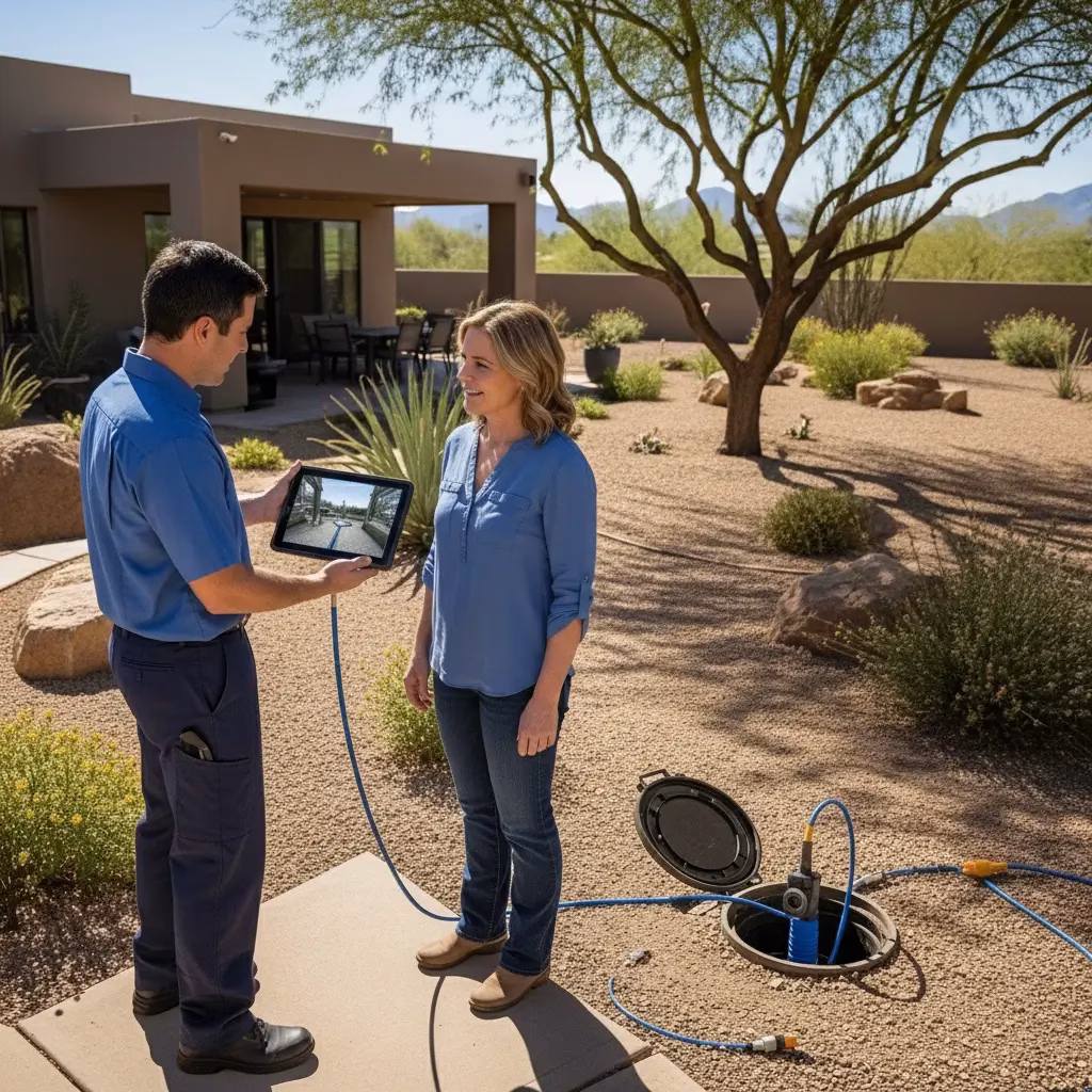 A plumber showing camera inspection results on a digital tablet to a homeowner to explain preventative maintenance and clog reduction.