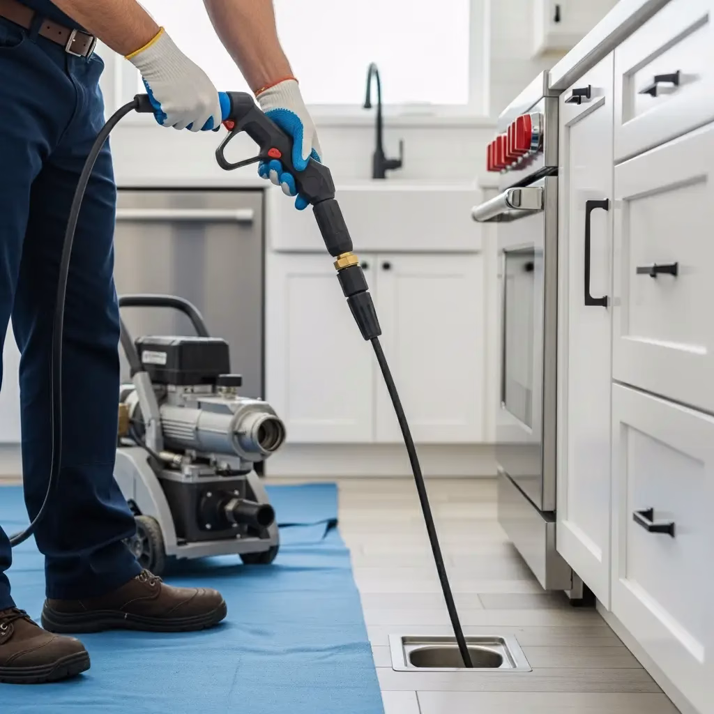A service technician using advanced hydro-jetting equipment on a blue protective floor mat for Kitchen Drain Cleaning in Paradise Valley.