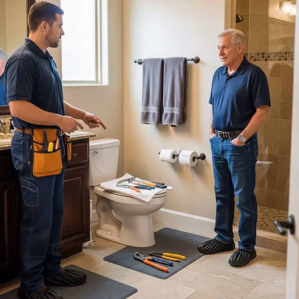 Plumbing technician in a tool belt discussing the repair process with a customer, with professional tools neatly organized on the floor.