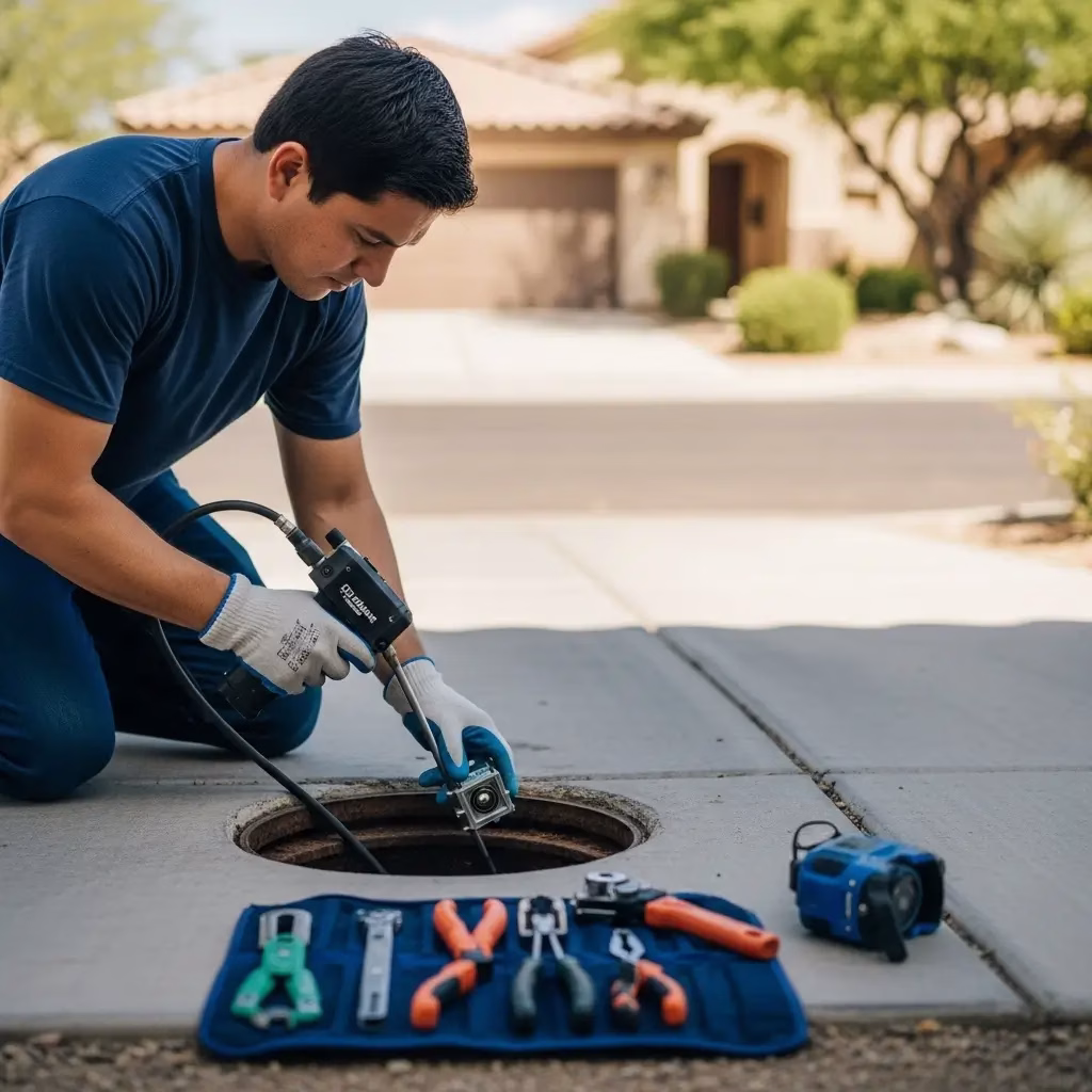 A professional technician in blue gloves kneels on a driveway to inspect an underground line using specialized diagnostic equipment and tools.