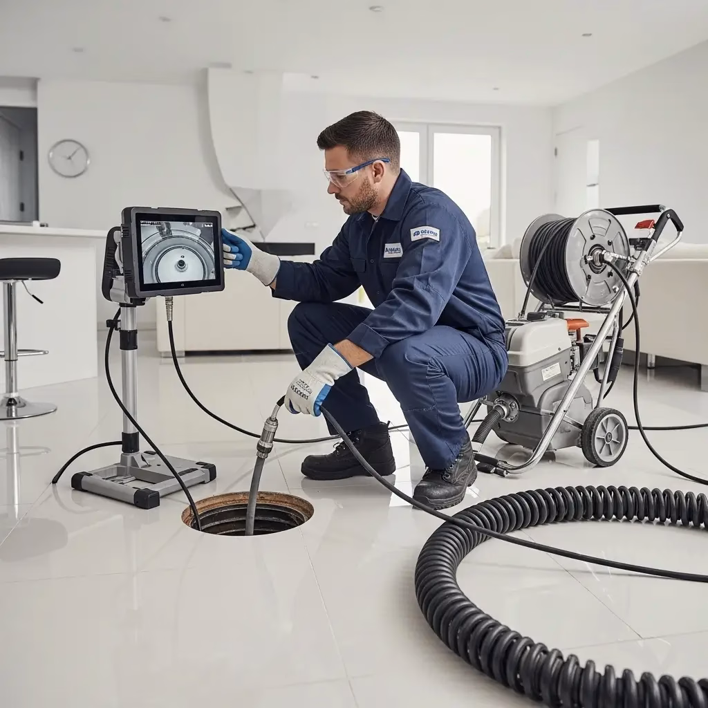 A professional plumber in a blue uniform using a video camera inspection system to diagnose a floor drain blockage inside a modern home.
