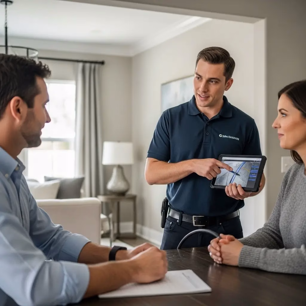 A friendly service technician using a digital tablet to explain sewer camera inspection results to a couple in their home.
