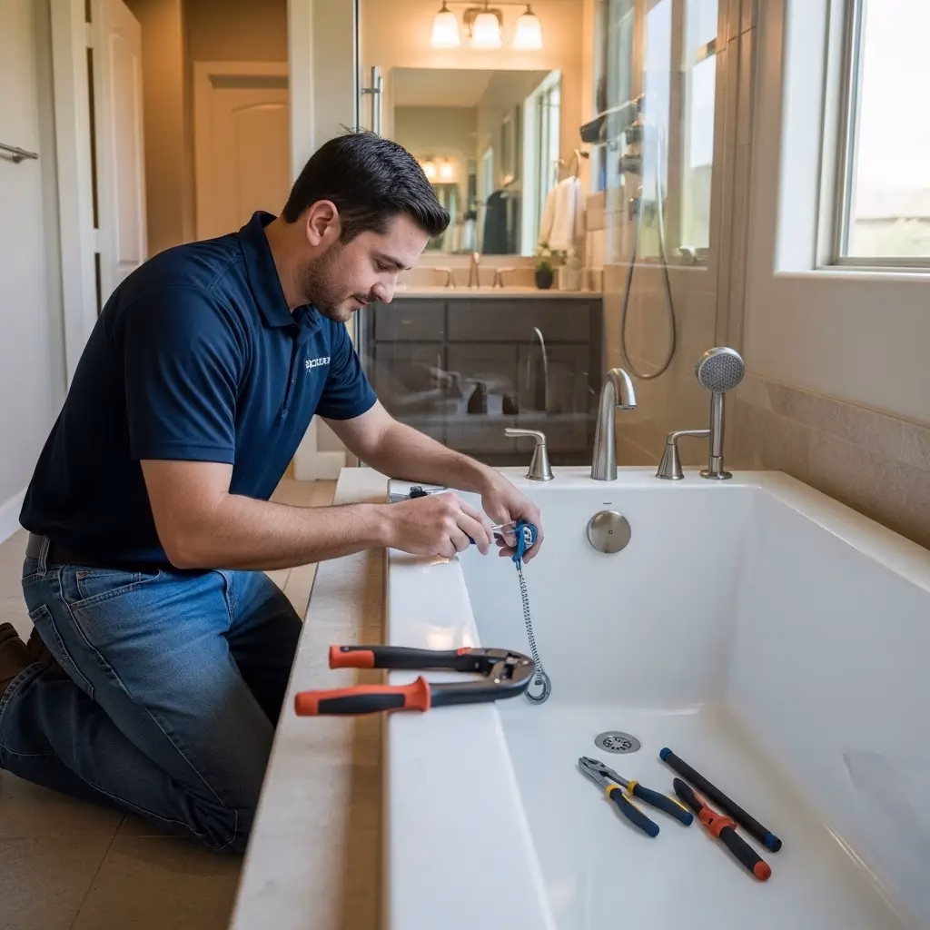 A plumber kneeling by a bathtub with specialized hand tools like pliers and screwdrivers laid out for a drain assembly inspection.