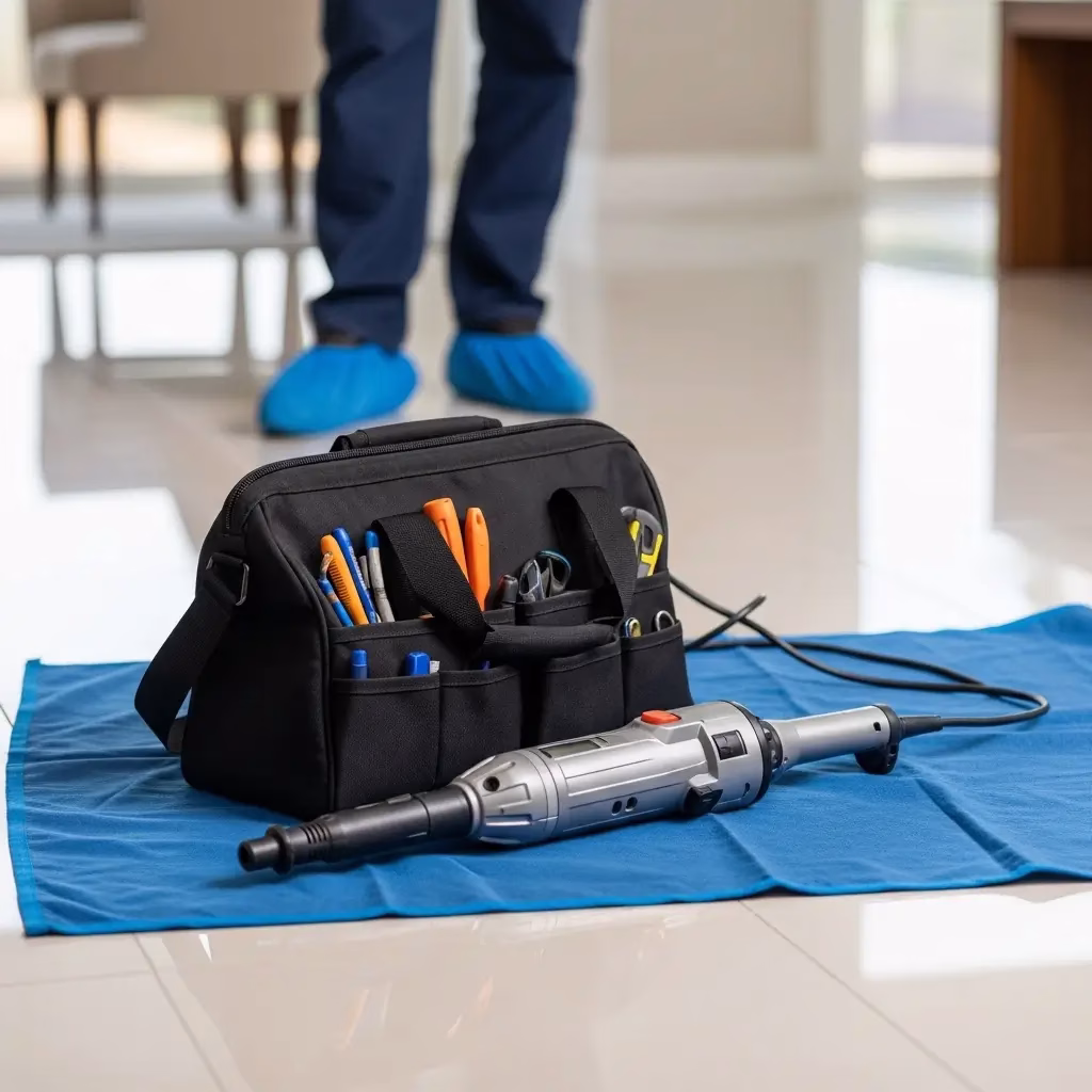 A professional plumber's black tool bag and motorized drain snake laid out on a protective blue cloth on a clean tile floor.