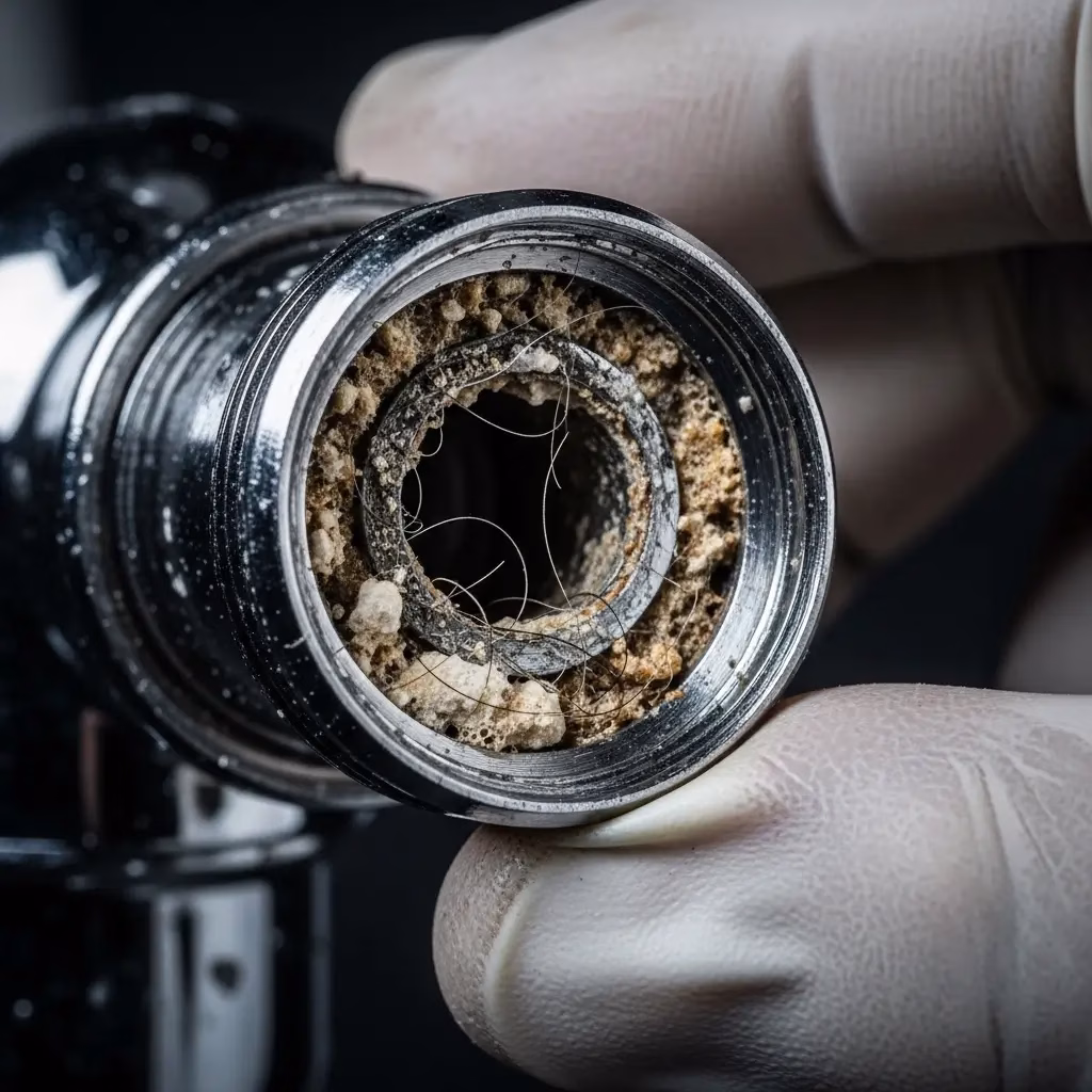 Macro close-up of a metal drain pipe heavily clogged with hair, soap scum, and mineral buildup.